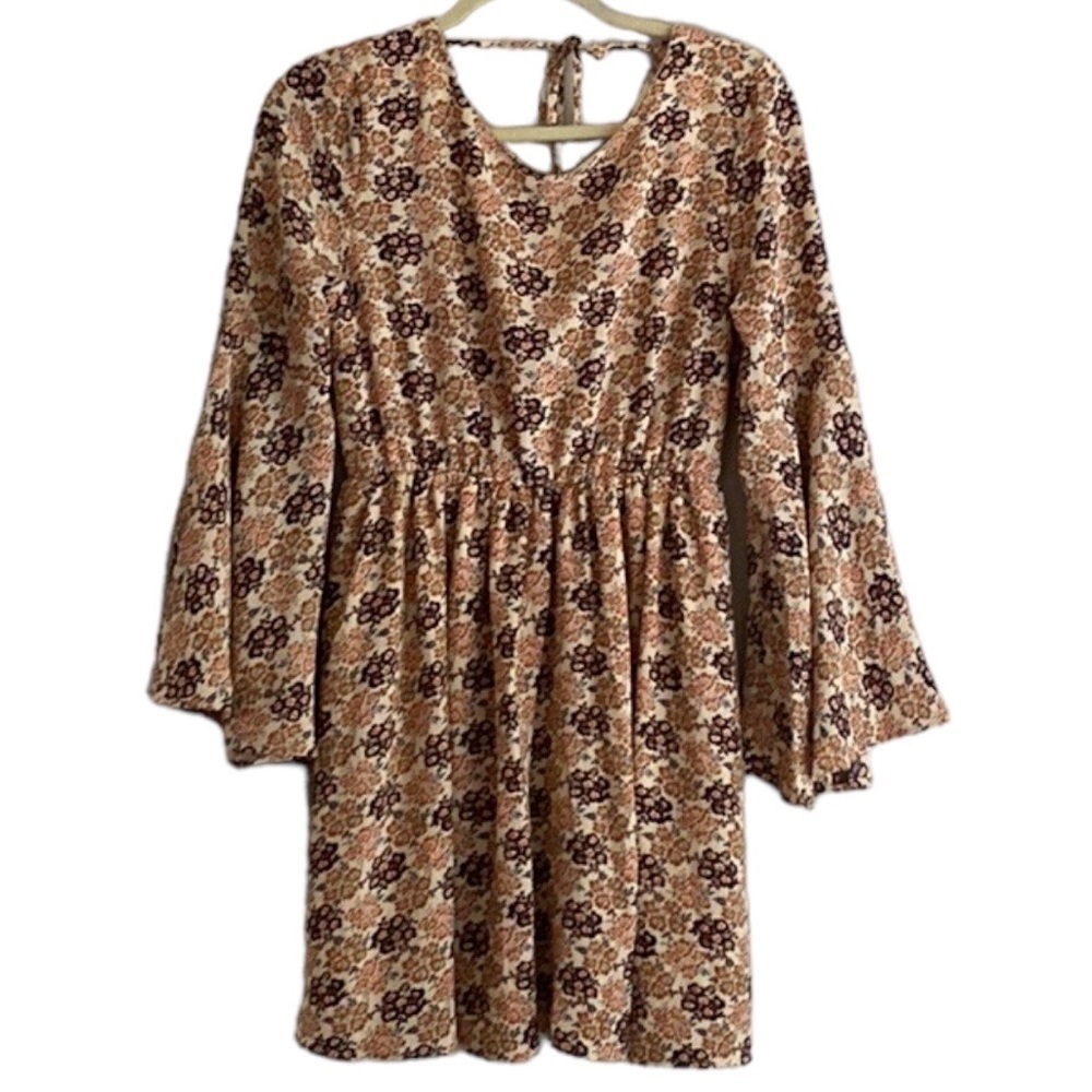 Altar’d State Bell Long Sleeve Floral cinched Mini Short Dress size M